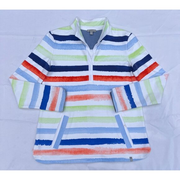 Talbots Striped Open Neck Pullover Top Sweatshirt Stripes Long Sleeve Pockets Pe - Picture 1 of 4